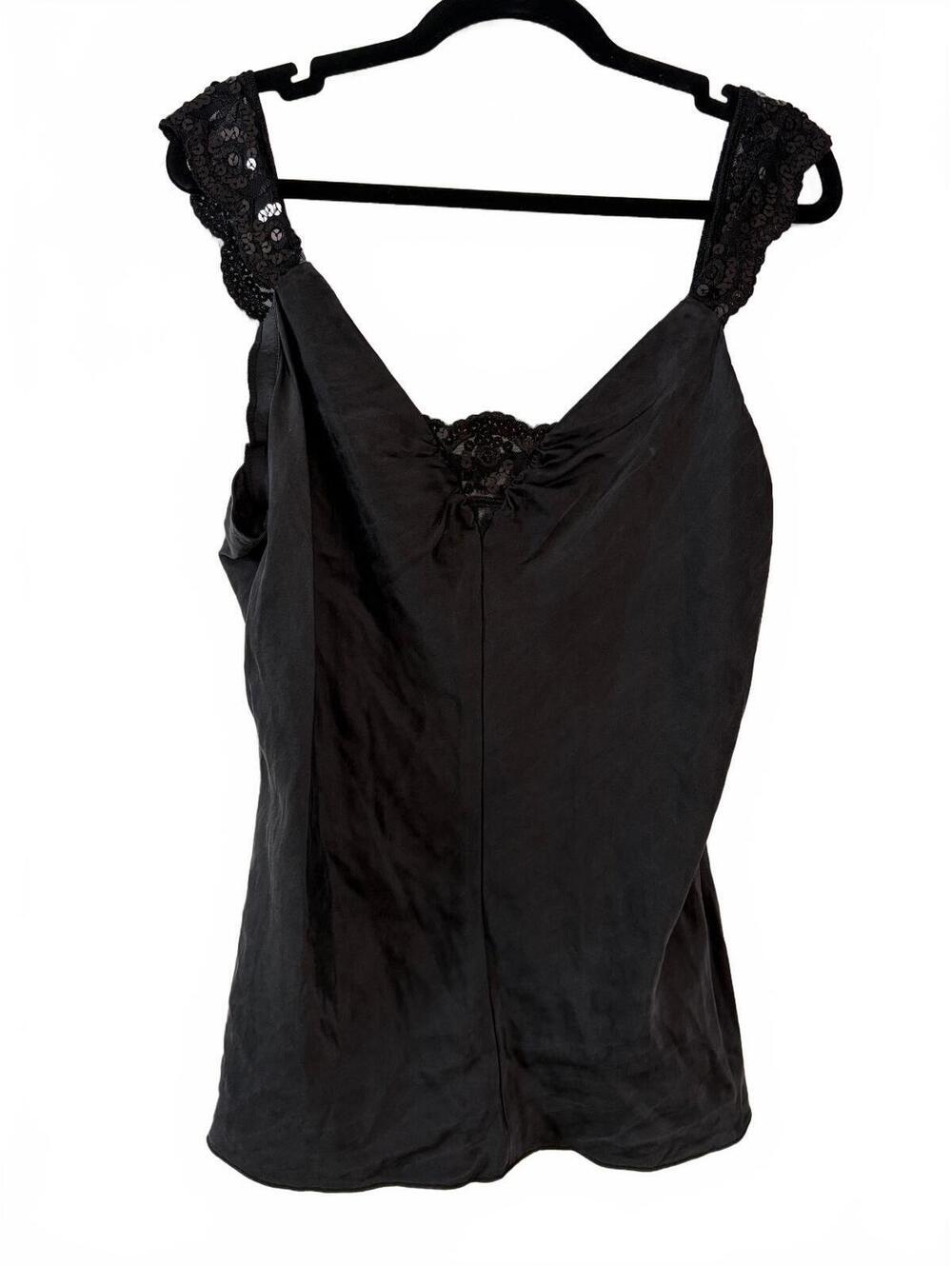 Nine West Silk Camisole Tank Top Size 14 Black Sequin Lace Ruched Bust